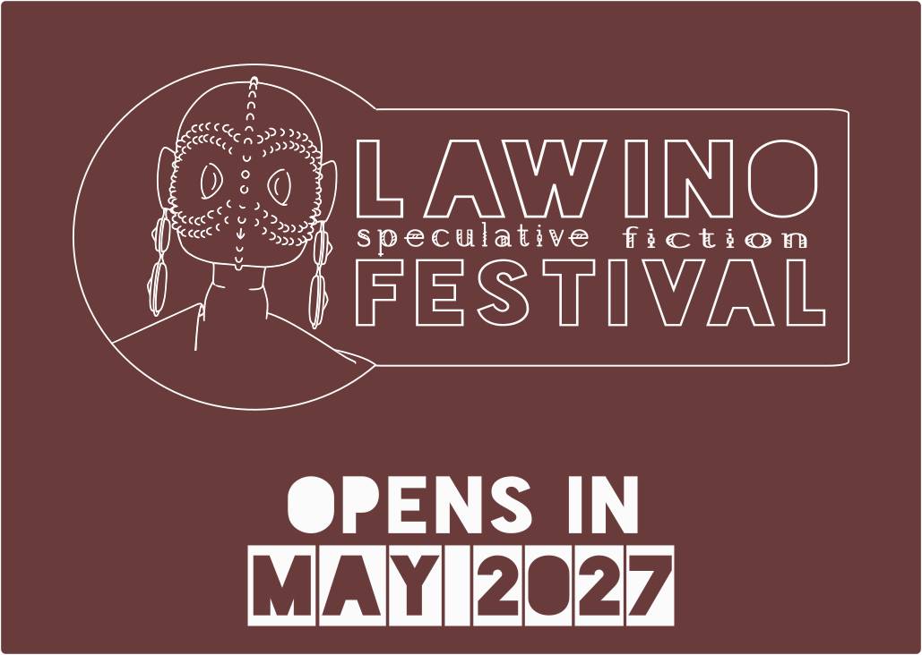 A logo of a festival, with a brown-ish background and white text, which says Lawino Speculative Fiction Festival. There's a line drawing image of a robot face.